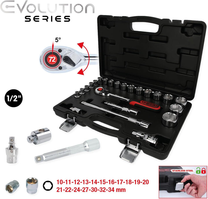 KS Tools 918.0623 1/2 Zoll CHROMEplus Steckschlüssel-Satz | inklusive Umschaltknarre, 72-Zahn | hoch