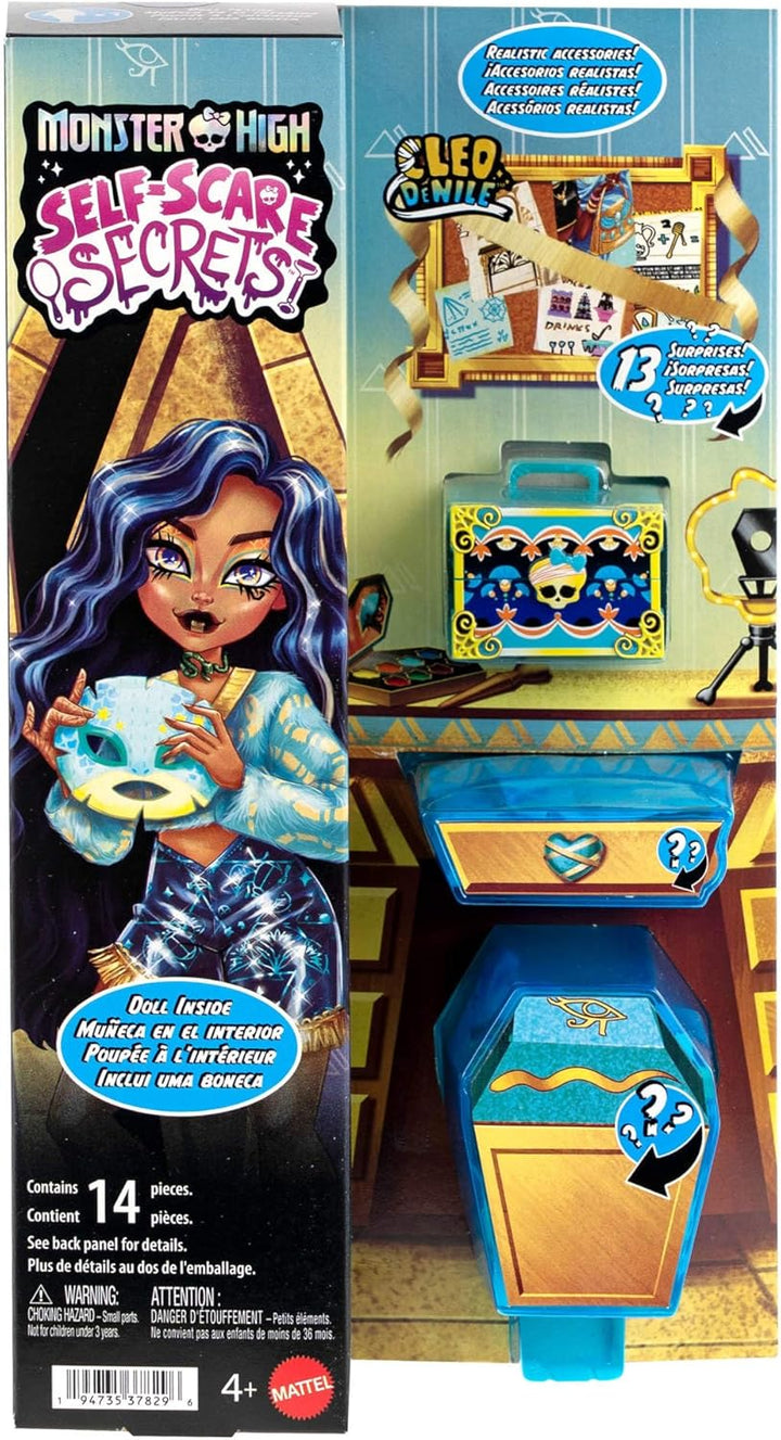 Monster High Self-Scare Secrets Cleo De Nile-Puppe und Zubehörset mit 13 realistischen Überraschunge