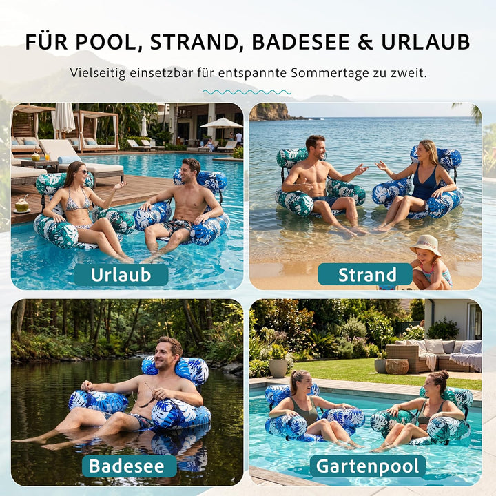Wasserhängematte Pool Erwachsene 2er Set Aufblasbarer Schwimmsessel mit Stoffbezug Rückenlehne Handp