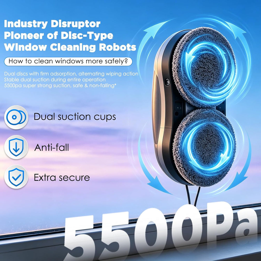 Fensterputzroboter Kabellos, Automatischer Fensterroboter mit 5500Pa Saugleistung, Dual-Spray &amp; 500m