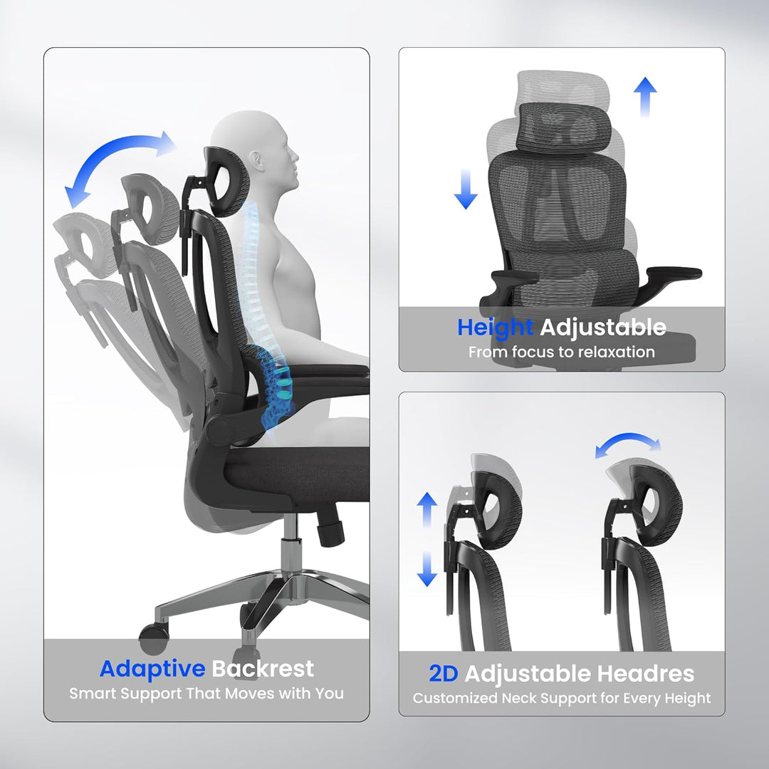 FLEXISPOT Ergonomischer Bürostuhl, Schreibtischstuhl mit 2D-Kopfstütze, Klappbare Armlehnen & Dynami