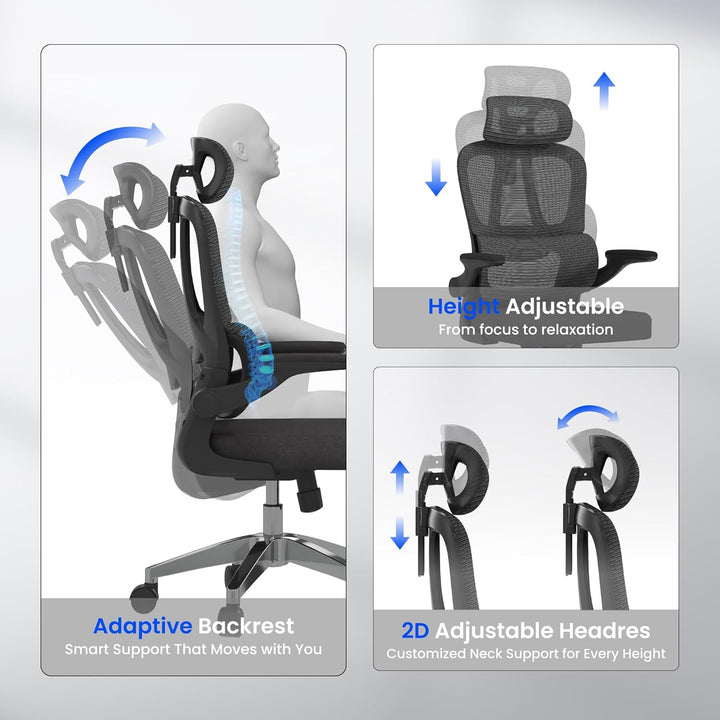 FLEXISPOT Ergonomischer Bürostuhl, Schreibtischstuhl mit 2D-Kopfstütze, Klappbare Armlehnen & Dynami