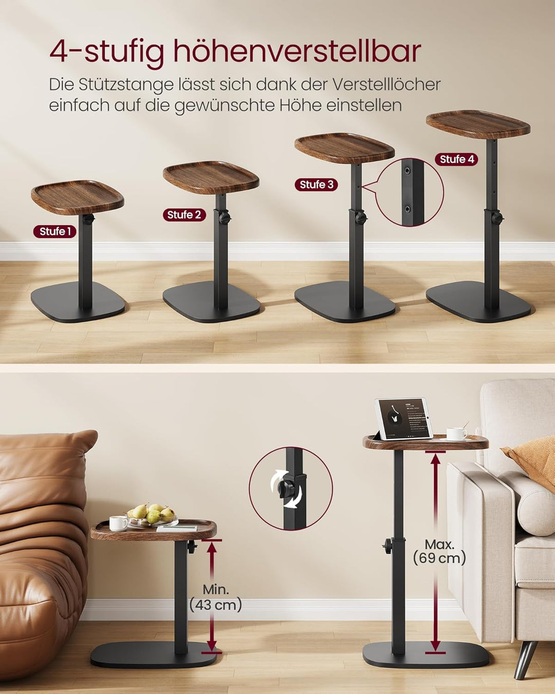 VASAGLE Beistelltisch C-Form, Sofatisch, Couchtisch für kleine Räume, Wohnzimmertisch höhenverstellb
