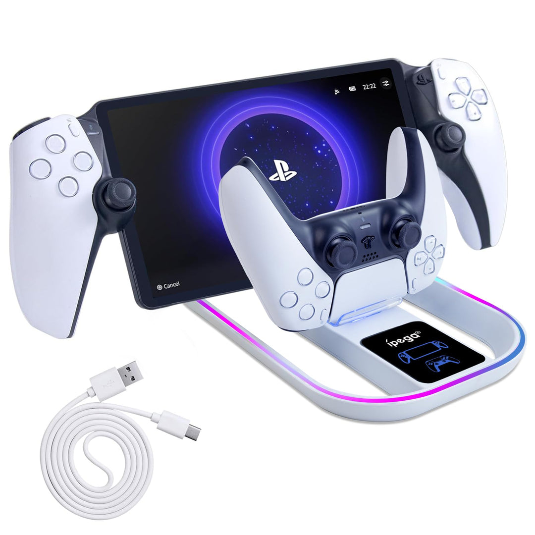 Ladestation für PS Portal und PS5 Controller,Tragbares Ladegerät mit RGB 14 Lichteffekt für PS Porta