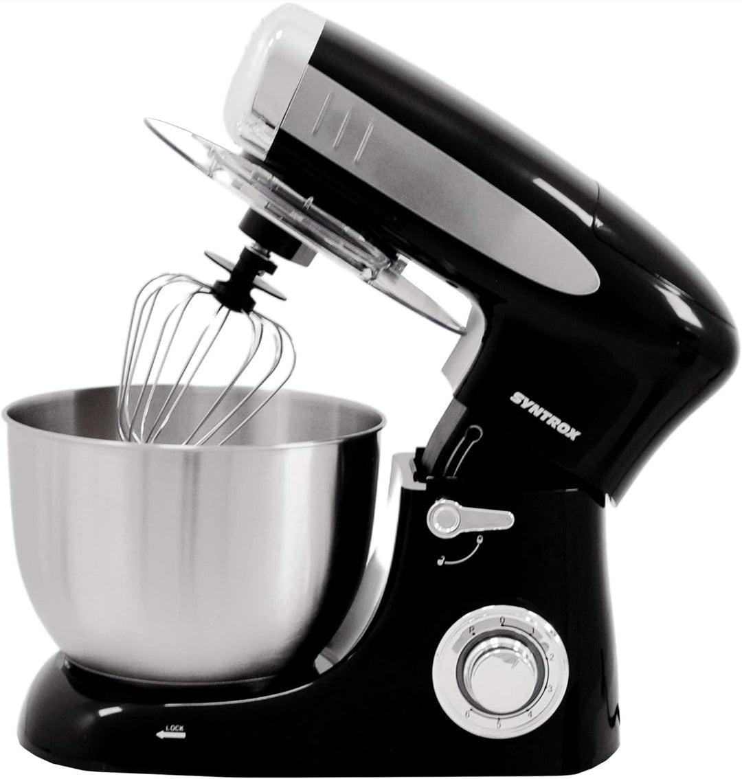 Syntrox Germany KM-1300W Black de Luxe Küchenmaschine Knetmaschine Mixer mit Fleischwolf, Edelstahl-