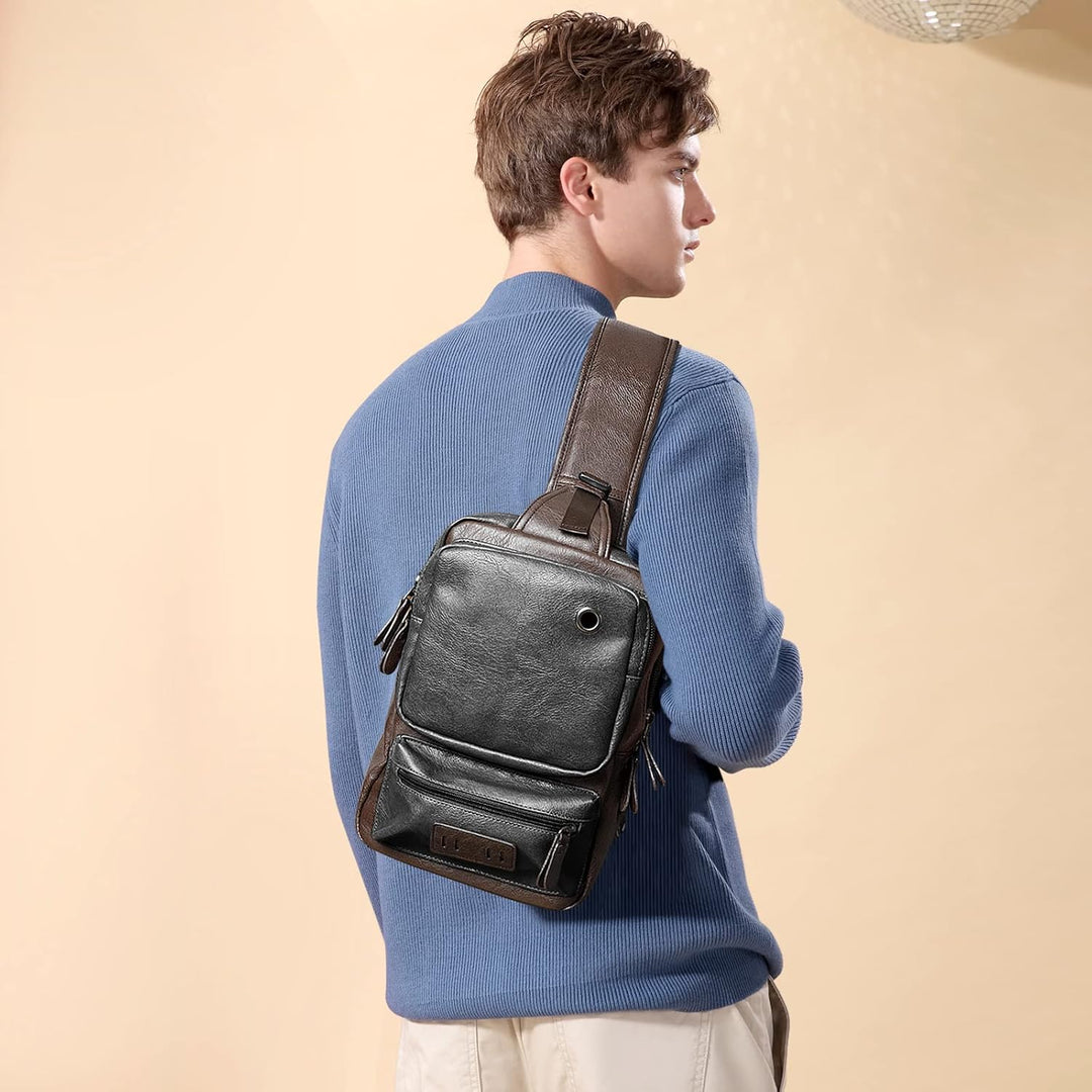 AONEGOLD Herren Brusttasche Vintage PU Leder Schultertasche Sling Chest Crossbody Bag Wasserdicht Le