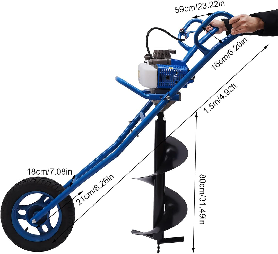 63CC Benzin Erdlochbohrer Karre,2-Takt 3 PS Gartenbohrer inkl. 80mm Bohrer, Erdbohrer Pfahlbohrer Er