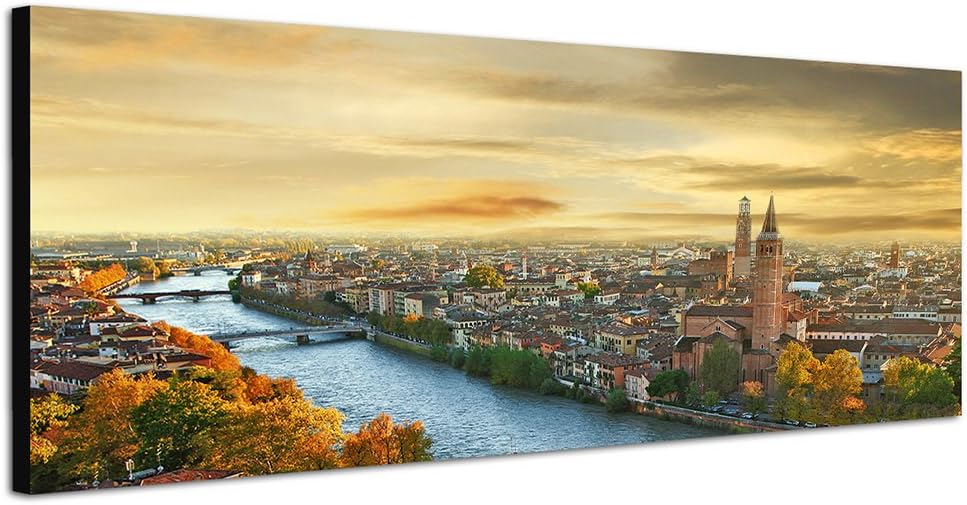 Paul Sinus Art Panoramabild auf Leinwand und Keilrahmen 150x50cm Italien Verona Stadt Fluss Abendlic