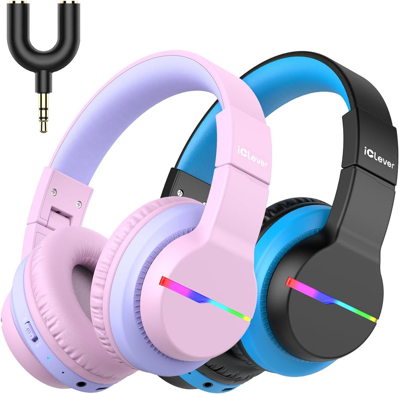 iClever Bluetooth Kinder Kopfhörer 2pack, Farbige LED-Leuchten, Kinderkopfhörer Over-Ear mit 74/85/9