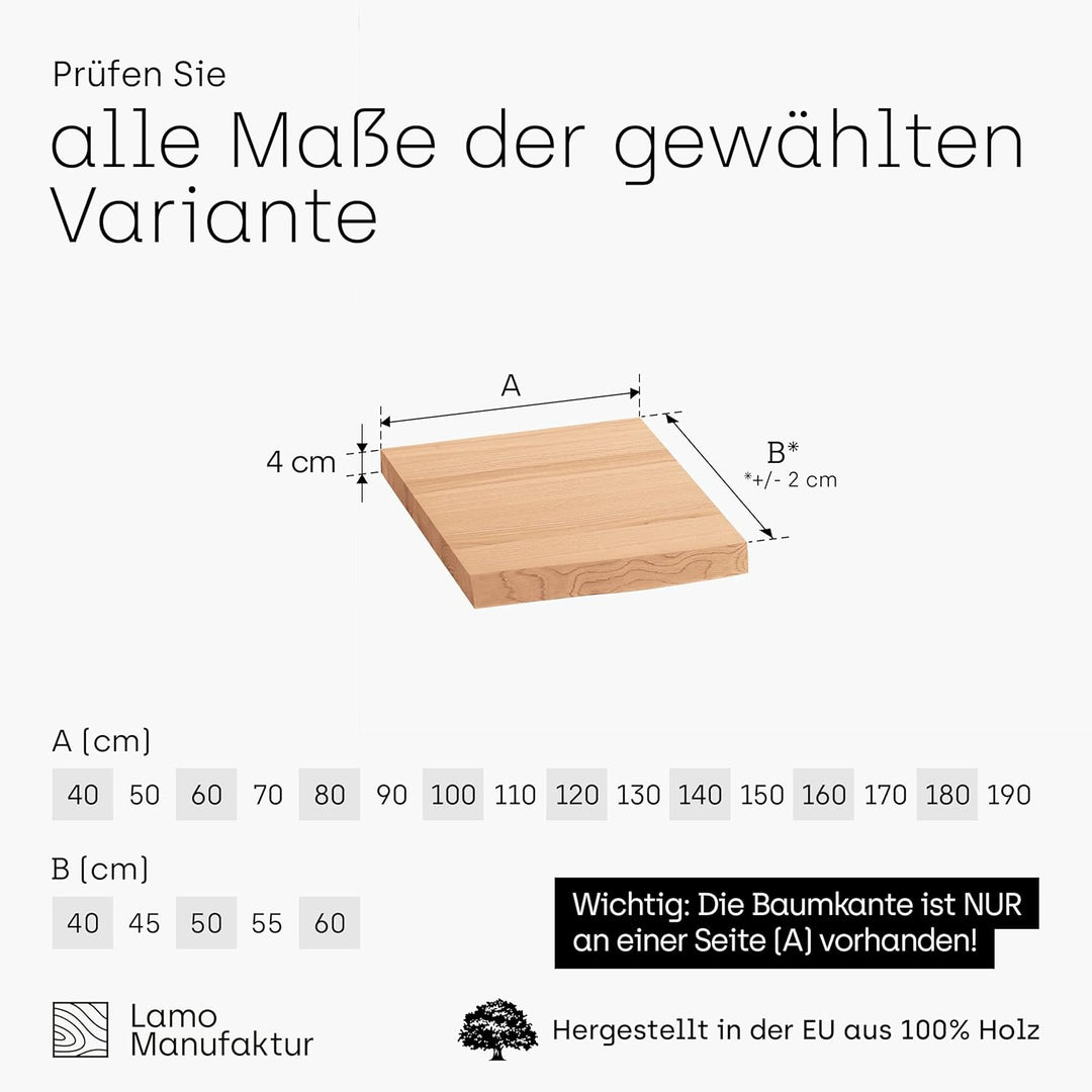 LAMO Manufaktur Waschtischplatte, Holzplatte Waschtisch Baumkante, 60x60 cm (AxB), Natur, ohne Monta