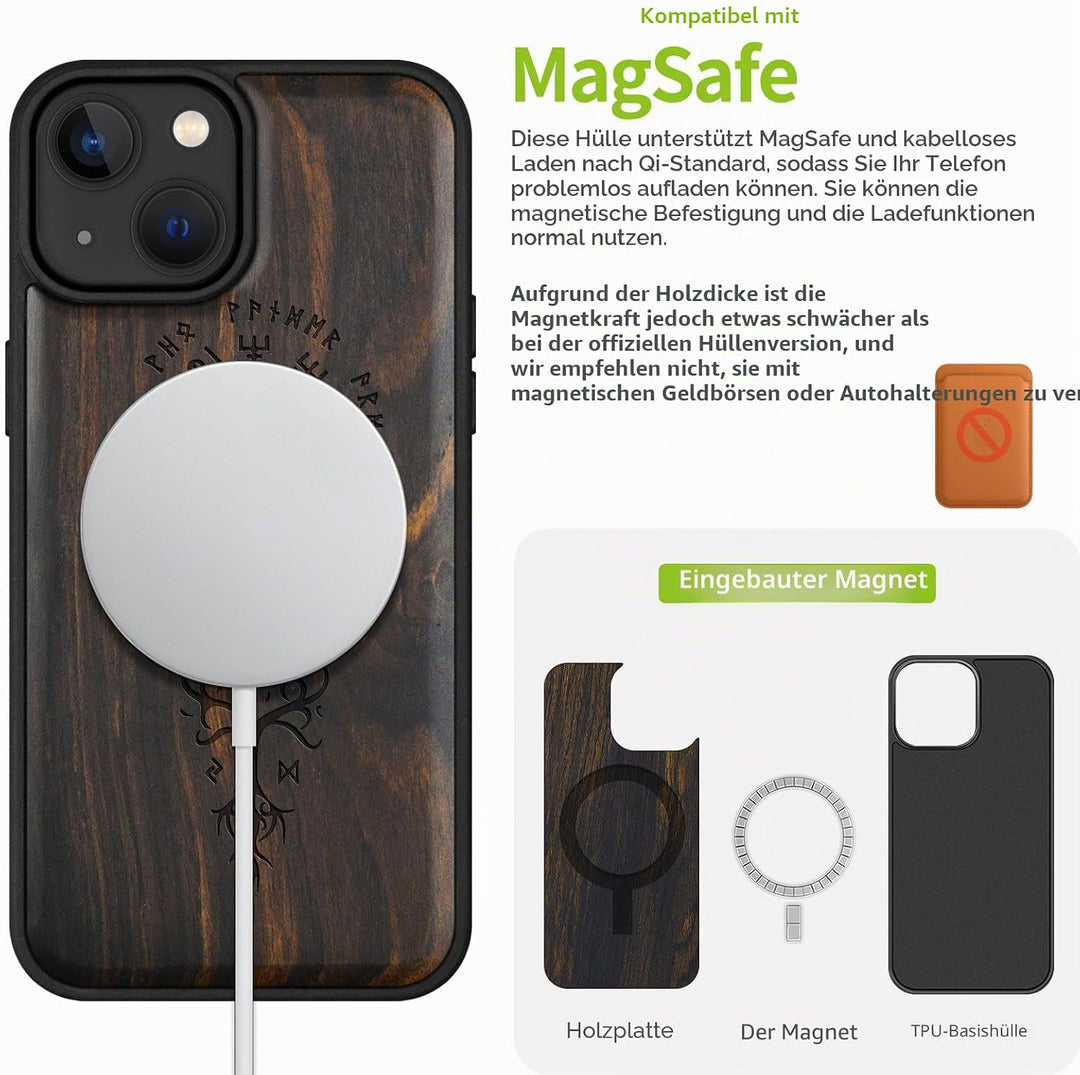 Carveit Holz Cover für iPhone 15 hülle, Kompatibel mit Magsafe Silikon Stossfeste Cover, Magnetisch