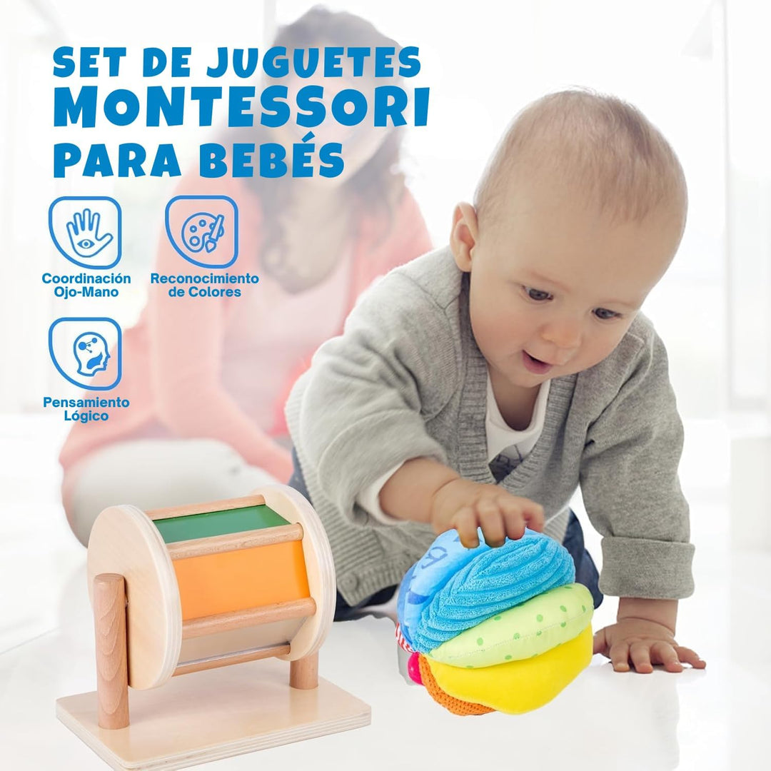 Adena Montessori Baby-Spielzeug-Set mit Montessori-Spiegel, Peekaboo-Knopf-Puzzle, mittlerer Dreh-Tr