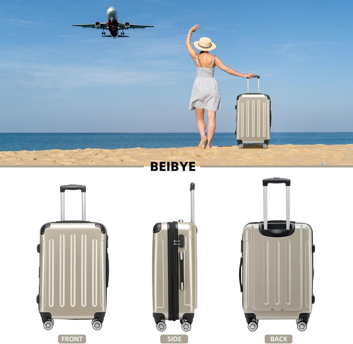 BEIBYE Hartschalen Koffer Trolley Rollkoffer Reisekoffer 4 Zwillingsrollen Polycabonat (Champagner,