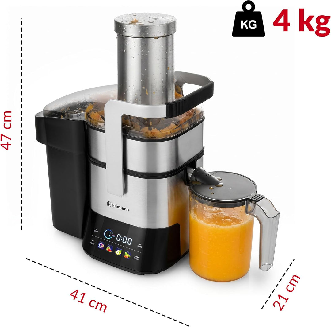 LEHMANN Entsafter für Obst und Gemüse, Edelstahl, XXL Einfüllschacht 80 mm, LED-Touchscreen, 6 Gesch