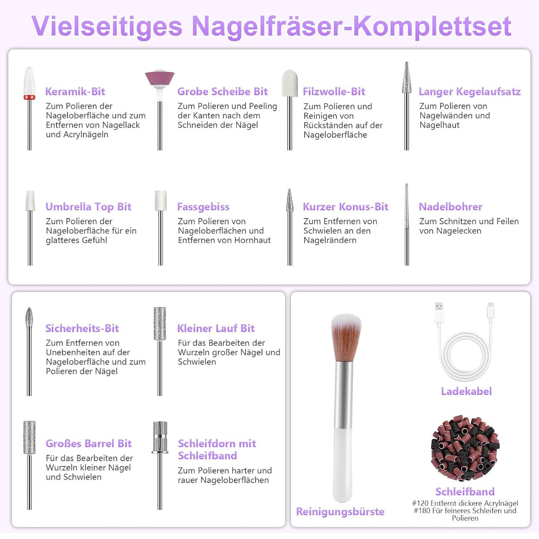 Nagelfräser Kabellose Elektrische Nagelfeile - 35000 U/Min Nagelfräser für Gelnägel, 12 IN 1 Profess