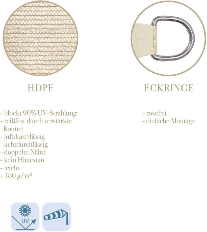 Sonnensegel luftdurchlässig 5 x 5 m - Farbe Creme - quadratisch - Material HDPE Quadrat - Creme 5m,