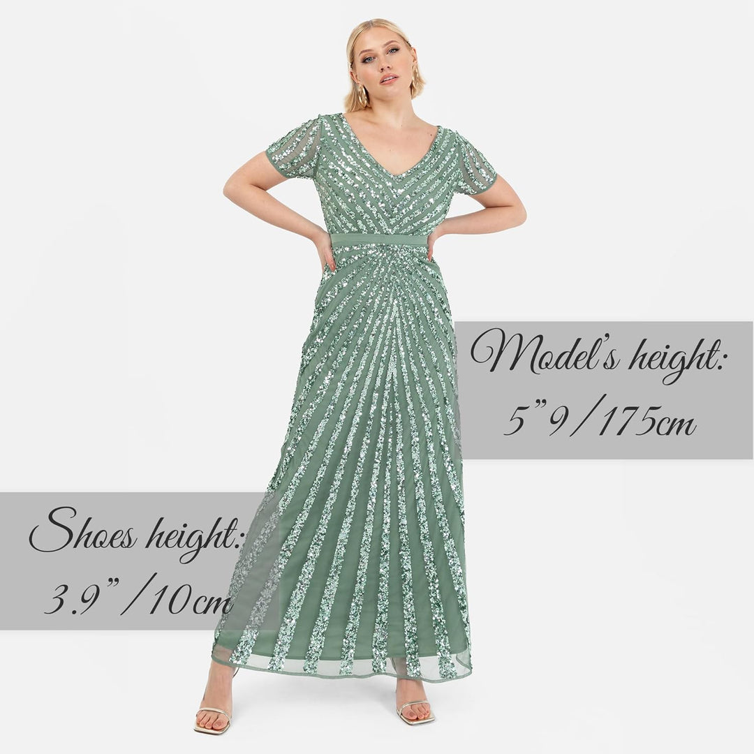 Maya Deluxe Damen Maxi Womens Ladies Embellished Sequin Dress Long Short Sleeve V Neck High Empire W