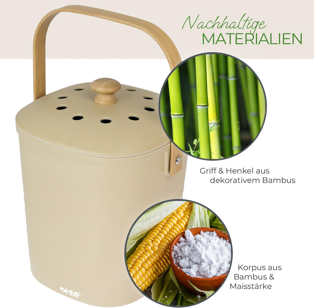 HMF Nachhaltiger Biomülleimer Küche, Geruchsdichter Komposteimer mit Deckel | 3 Liter | Beige Beige