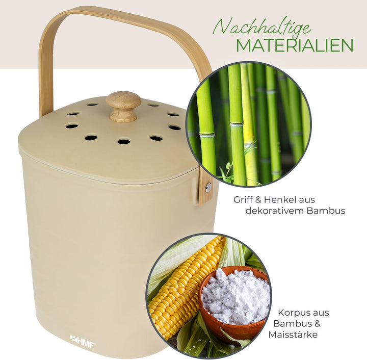 HMF Nachhaltiger Biomülleimer Küche, Geruchsdichter Komposteimer mit Deckel | 3 Liter | Beige Beige