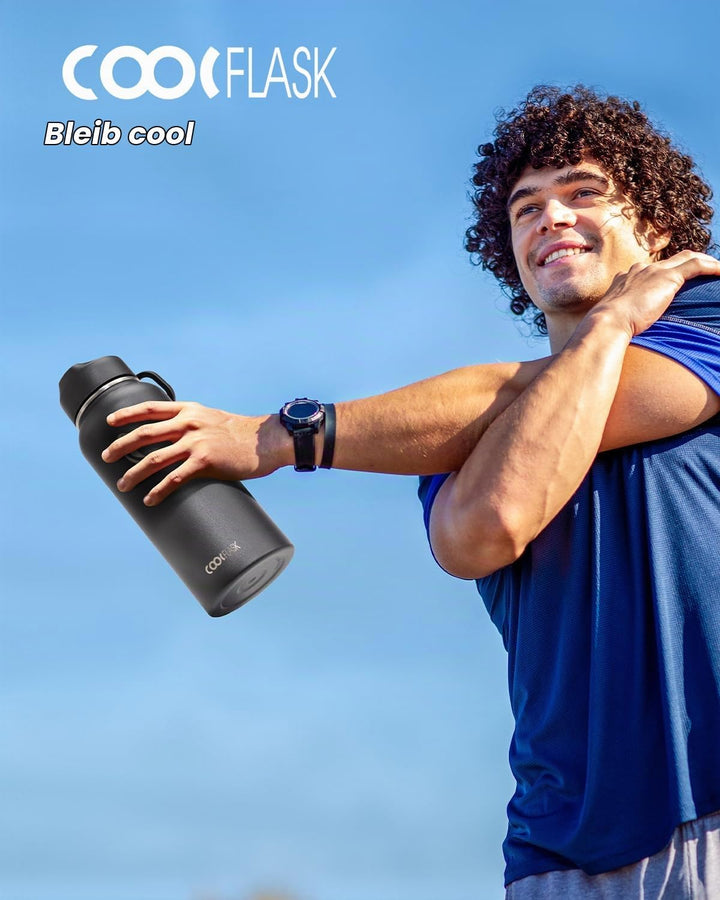 Coolflask Isolierte Edelstahl-Trinkflasche 946 ml mit Strohhalm, 3 Deckel Magic Black 946 ml, Magic