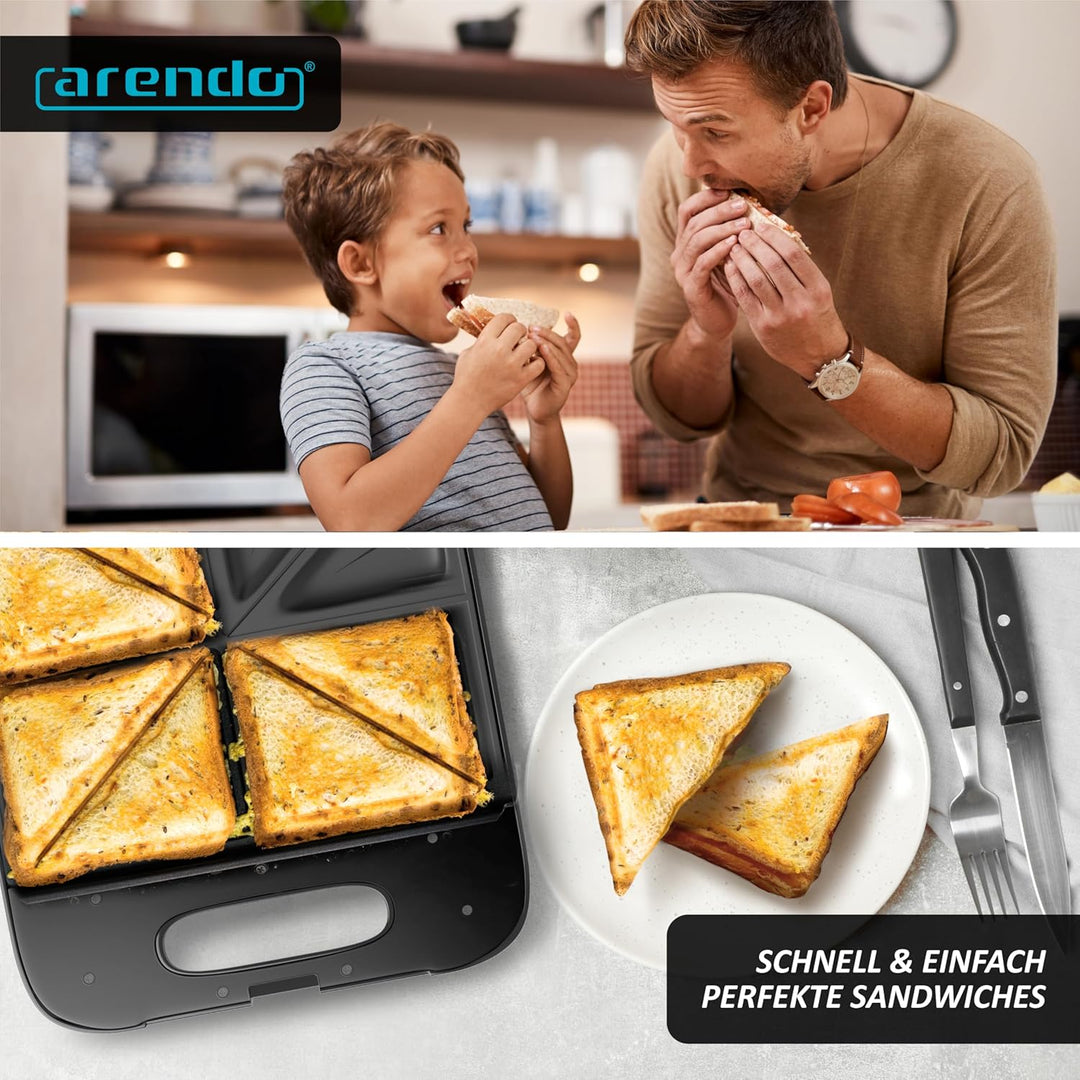Arendo - Sandwichmaker XXL – für 4 Sandwiches – 1400 W – Sandwichtoaster mit Antihaftbeschichtung –