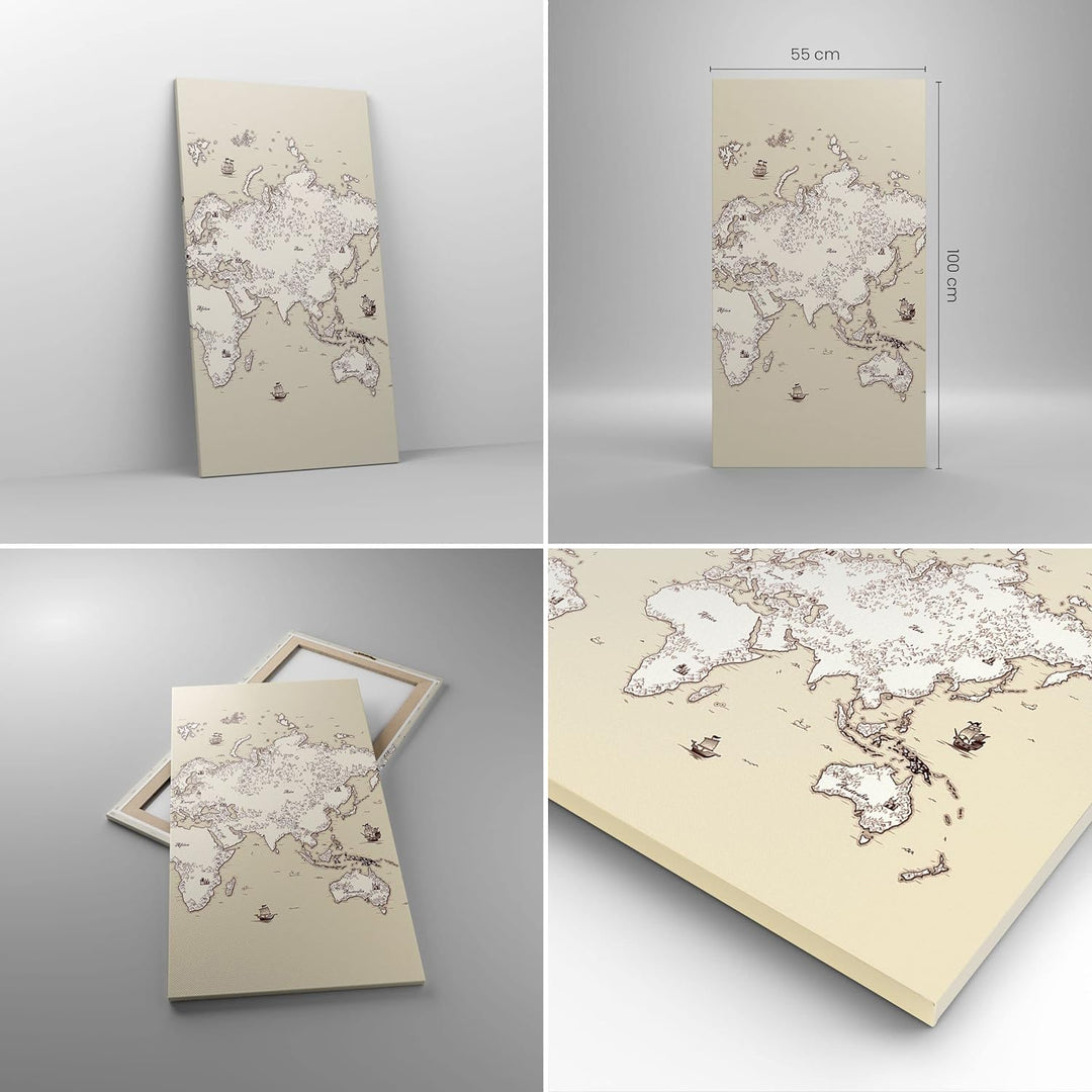 Bilder auf Leinwand 55x100cm Leinwandbild mit Rahmen Karte Welt Klassiker Kontinente Gross Wanddeko