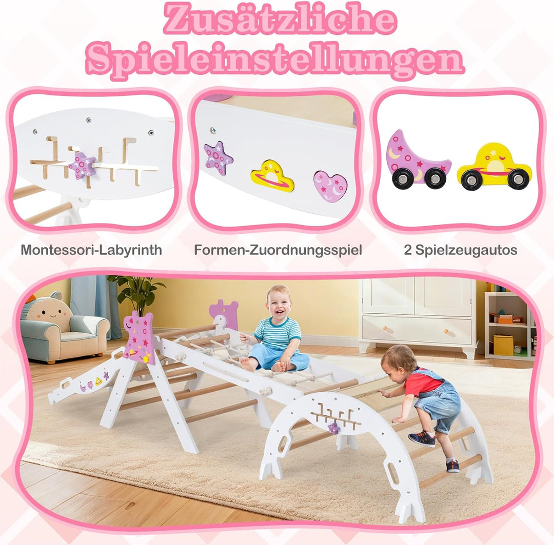 COSTWAY Klettergerüst Indoor 4er Set, klappabres Kletterdreieck mit Rutsche, Kletterbogen, Netz, ink