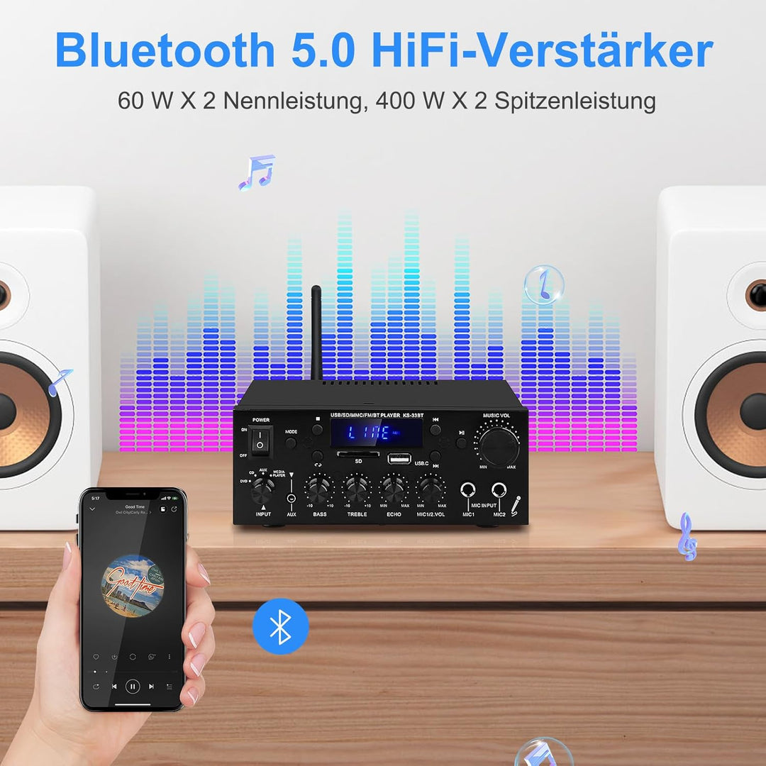 Audio-Verstärker für Zuhause, KS-33BT 2-Kanal Bluetooth5.0 HiFi-Verstärker, RMS 60W X 2 Max 400W X 2