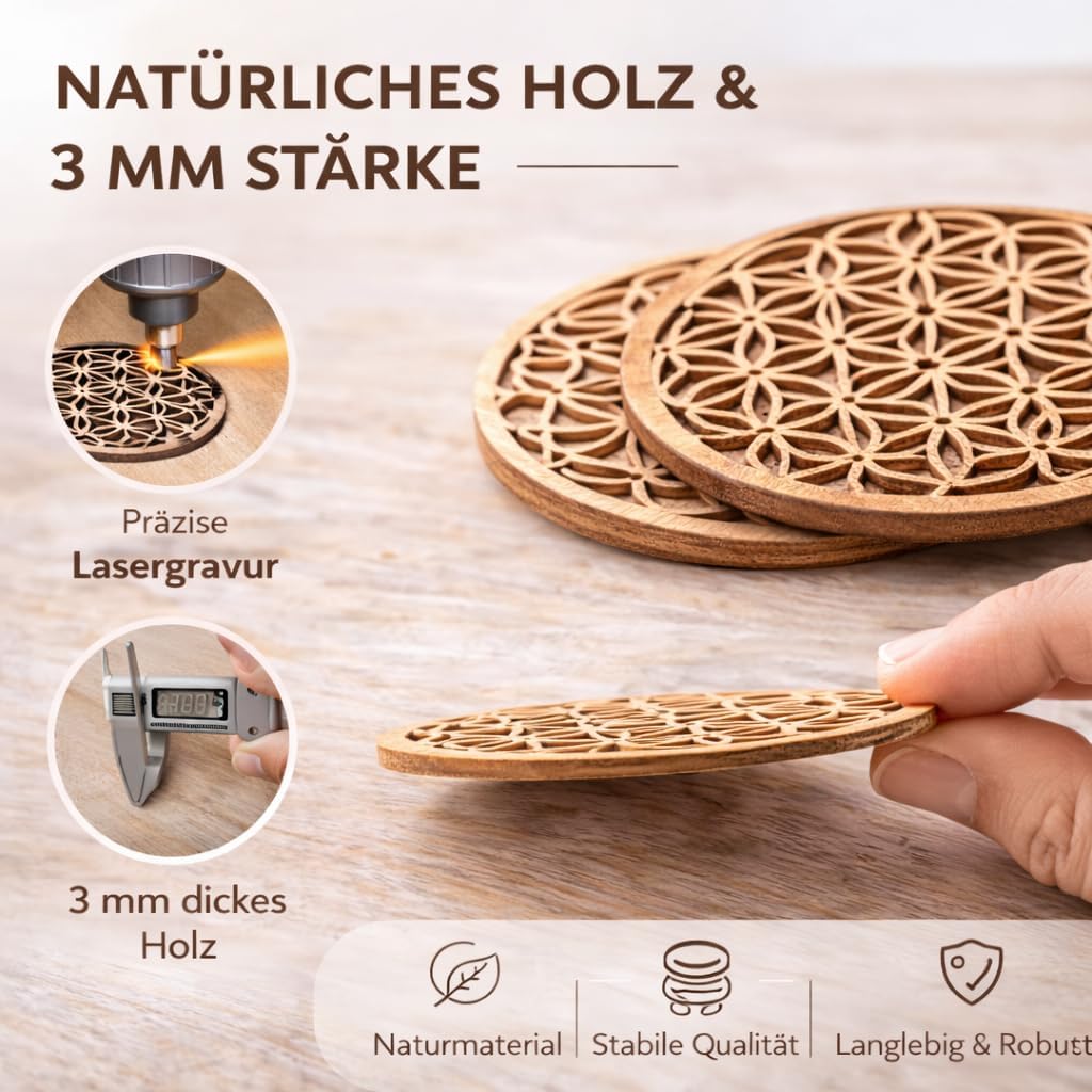 Blume des Lebens Untersetzer Holz - Untersetzer Gläser Set von 10 Stück 10x10cm für Getränke und Kaf