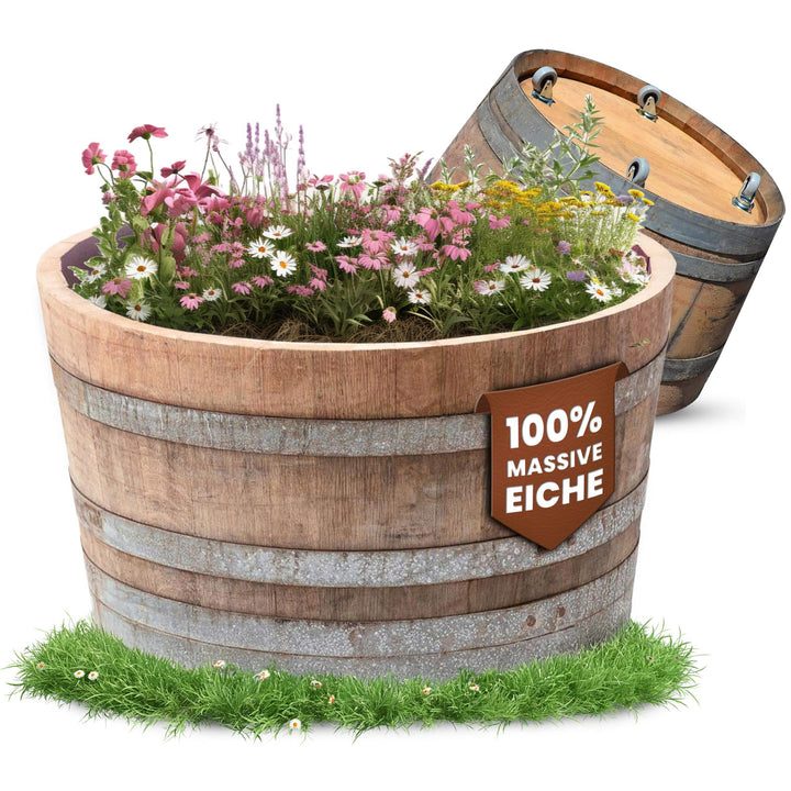 Temesso Blumentopf, Blumenkübel, Holzfass als Pflanzkübel, Weinfass halbiert mit Rollen D70cm H40cm;