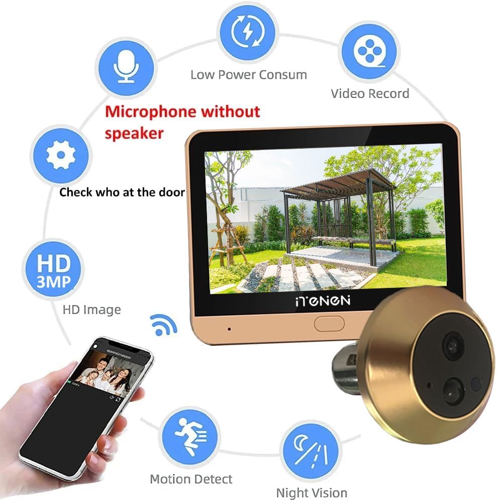 PDG1 WLAN Türspion Kamera mit 3,0 MP mit 4,3 Zoll Farbbildschirm, Digitaler Türspion Kamera mit 32GB