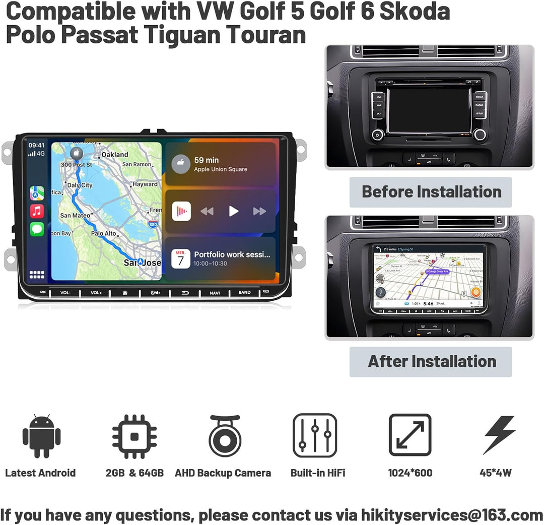 2+64GB DAB/DAB+ Autoradio für VW Golf 5 6 Polo Passat Skoda mit Wireless Apple Carplay Android Auto,