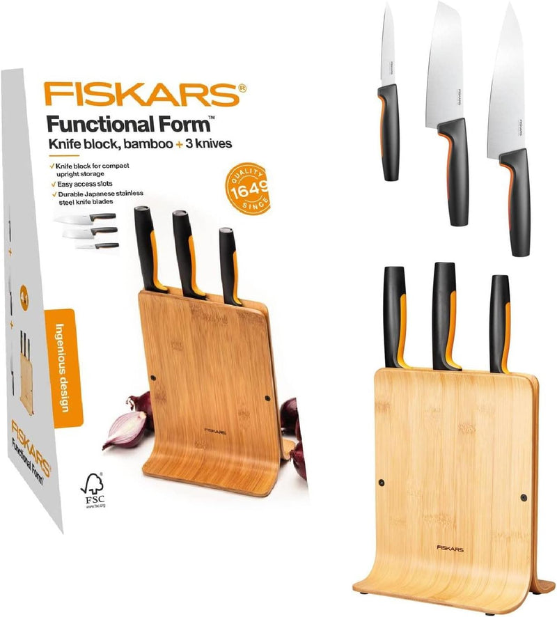 Fiskars Bambus Design-Messerblock mit 3 Messern, Functional Form, Inklusive Gemüsemesser, Santoku Ko
