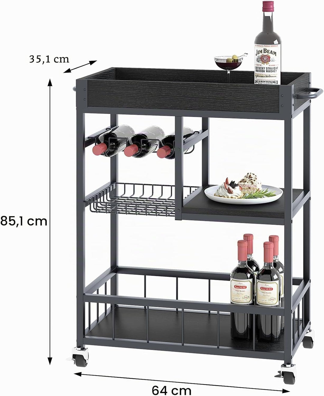 Huhote Servierwagen, Küchenwagen mit Weinregal, Barwagen, Getränkewagen, Rollwagen mit Rollen, Weinw
