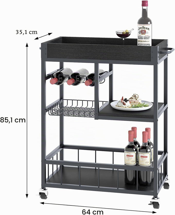 Huhote Servierwagen, Küchenwagen mit Weinregal, Barwagen, Getränkewagen, Rollwagen mit Rollen, Weinw