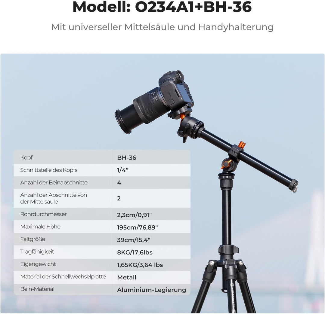 K&F Concept K234A0 Kamera Stativ mit Auslegearm,163cm Handy Stativ, Tripod für unterwegs, Stativ für