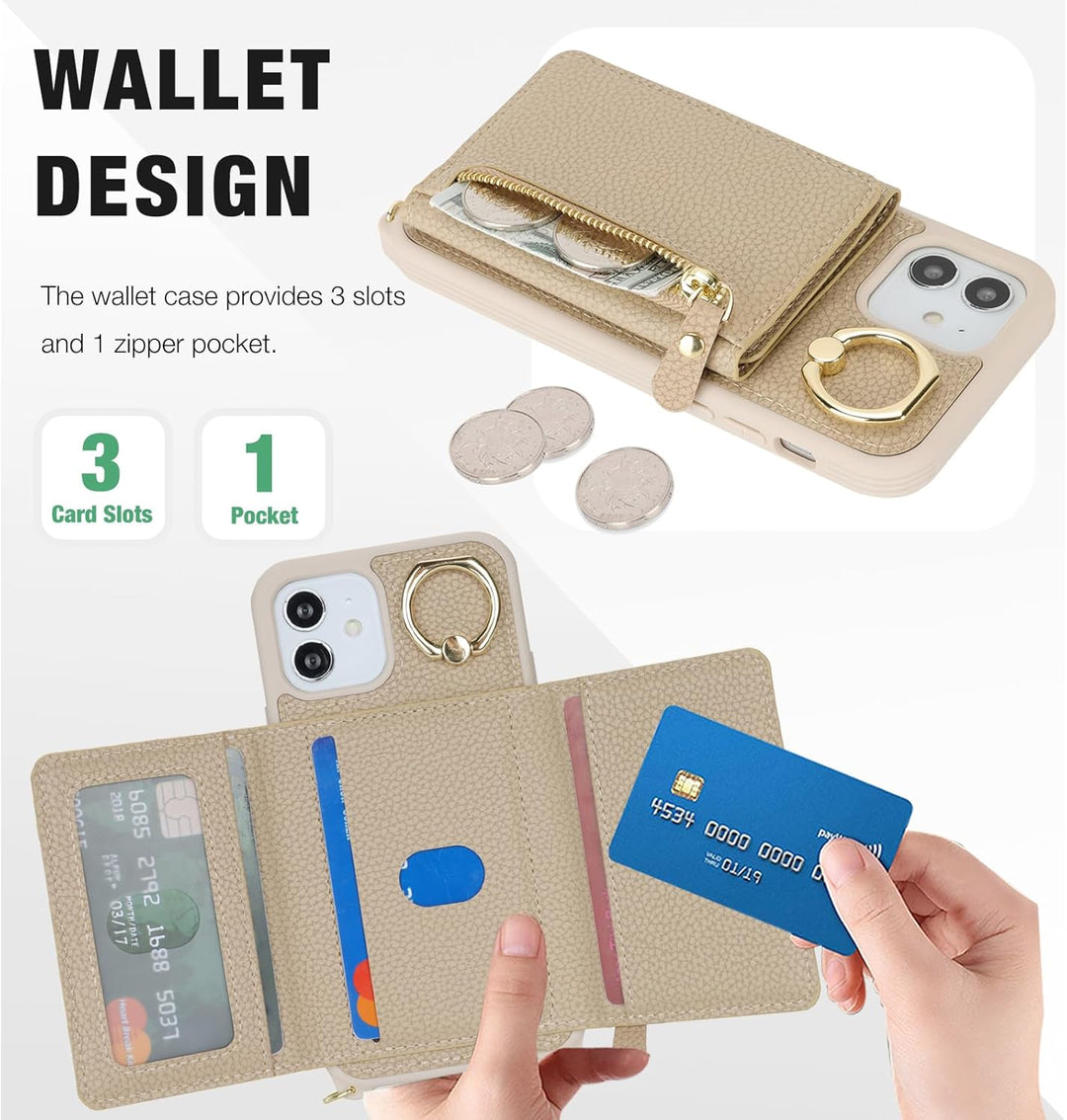 ELTEKER Handyhülle für iPhone 12 Mini Hülle mit Band Kartenfach Handykette Ringhalterung Geldbörse,L