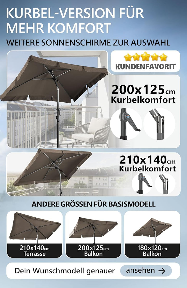 4smile Sonnenschirm Balkon 200 × 125 cm, Sonnenschirm rechteckig mit UPF 50+, 45° knickbar & höhenve