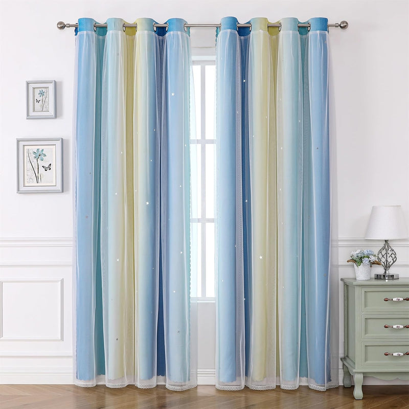 Freyamy Gardinen Blau Beige Weiss Glänzend Sterne Vorhänge Blickdicht Kinderzimmer Halbtransparent H