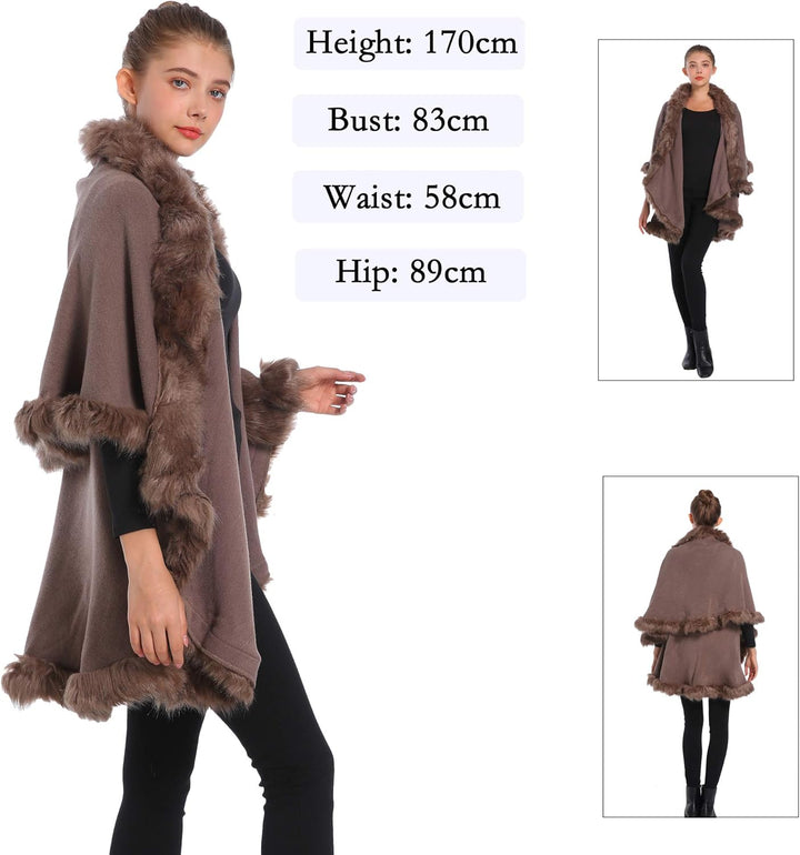 ZLYC Damen Open Front Faux Fur Poncho Cape Cardigan Sweater Strickjacke Einheitsgrösse Khaki, Einhei