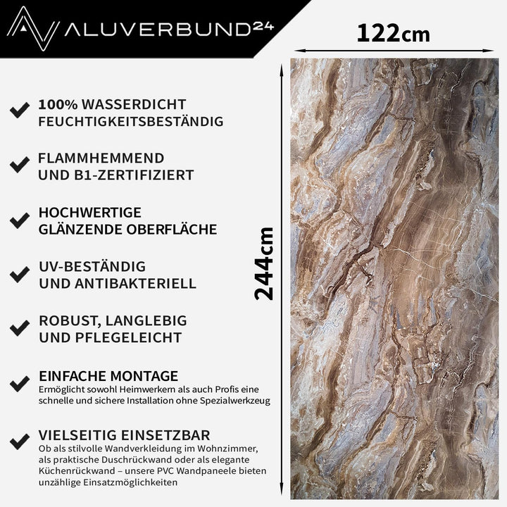 Duschrückwand Wandpaneele 122x244cm in Marmor- und Granitoptik (Arabescato Brown), Badrückwand Dusch