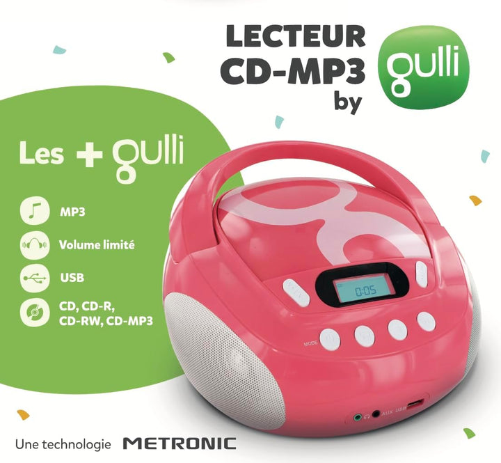 Metronic Gulli Radio/Tragbarer CD-/MP3-Player für Kinder, mit USB-Port Rose, Rose