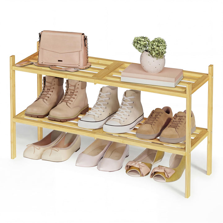 SONGMICS Schuhregal aus Bambus, Schuhablage 2 Ebenen, stapelbar, platzsparend, Regal für Flur, Wohnz