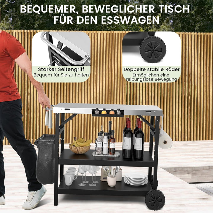 GYMAX 3-Ebenen Grilltisch klappbar, Servierwagen für die Zubereitung von Speisen, BBQ Werktisch mit