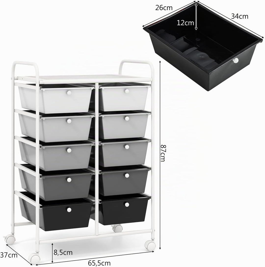 GOPLUS Rollwagen mit 10 Schubladen stapelbar, Rollcontainer mit Ablage & Metallgestell, Badregal, Au