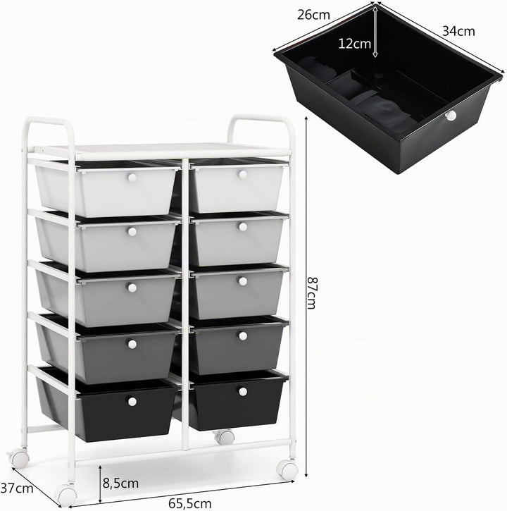 GOPLUS Rollwagen mit 10 Schubladen stapelbar, Rollcontainer mit Ablage & Metallgestell, Badregal, Au