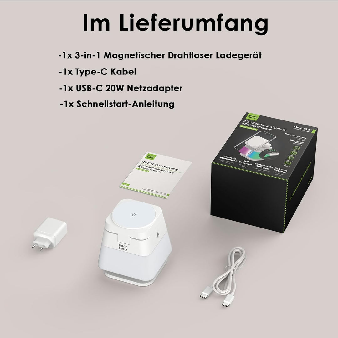 Minthouz 3-in-1 MagSafe Ladestation mit Nachtlicht, Induktive Ladestation für Apple Watch und iPhone