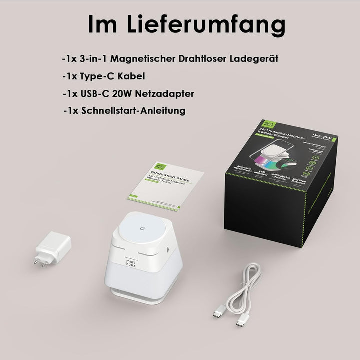 Minthouz 3-in-1 MagSafe Ladestation mit Nachtlicht, Induktive Ladestation für Apple Watch und iPhone