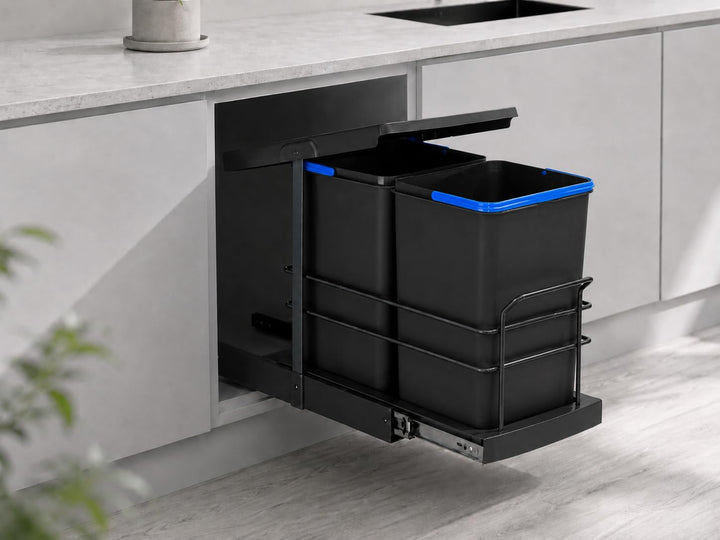 ROOMART Einbau-Mülleimer Küche ausziehbar 2x12L Mülltrennsystem Unterschrank Hellgrau Schwarz (Schwa