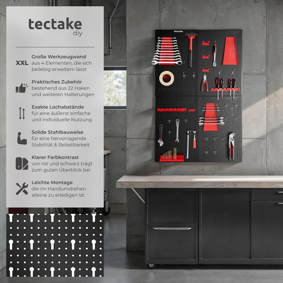 tectake® Werkzeug Lochwand aus Metall, 160 x 60 x 2 cm, Werkzeugwand Lochplatte, inkl. Werkzeughalte